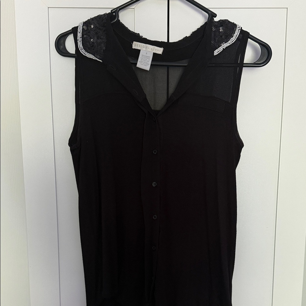 Design History Black Sleeveless Blouse with Lace Accents